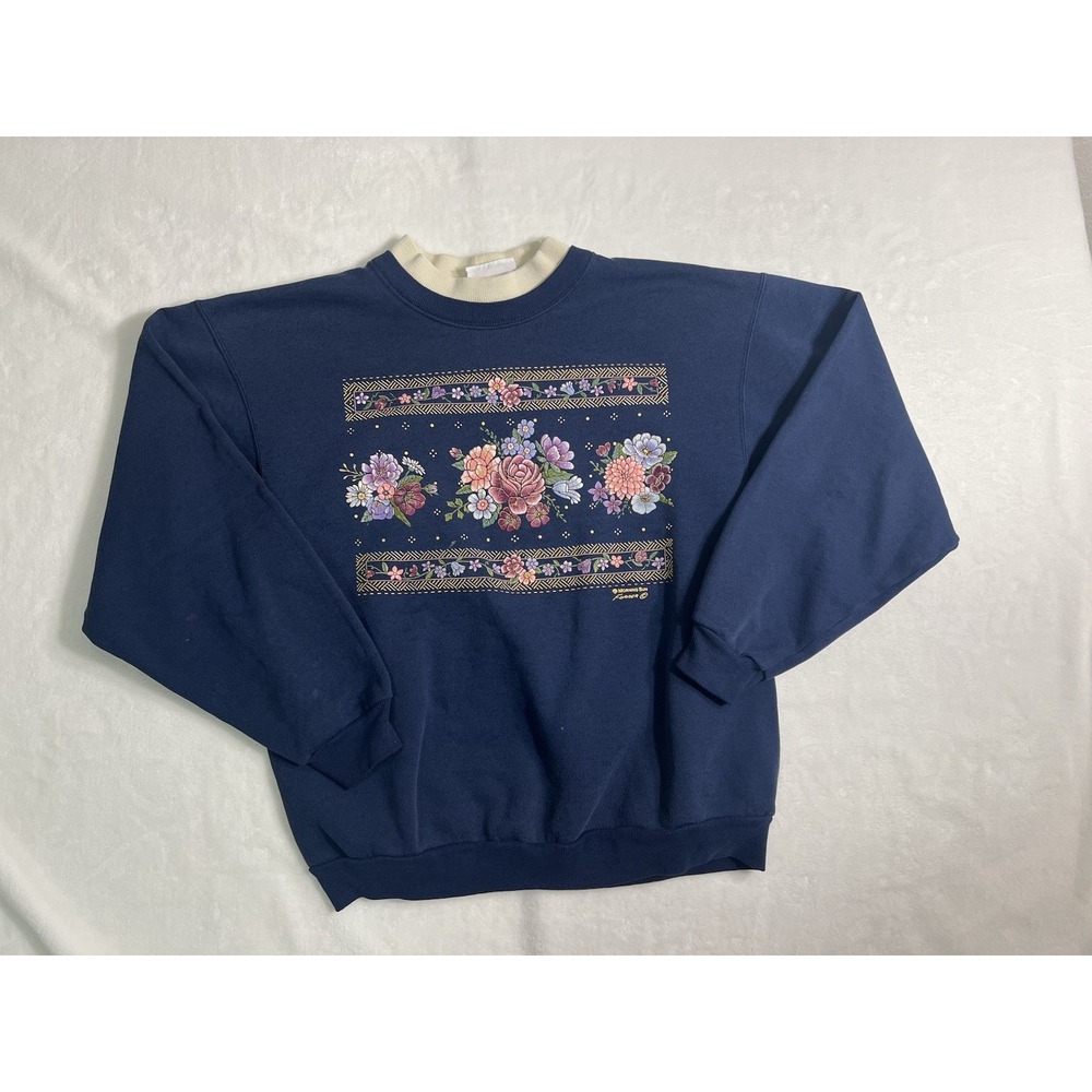 Vintage Morning Sun Pullover Sweatshirt Navy Blue Floral Embroidered Women's M